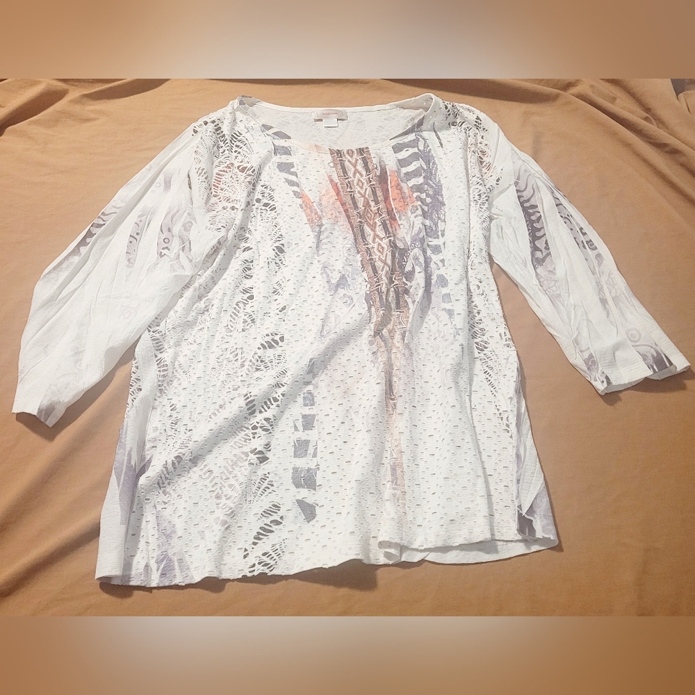 Kamana White Boho Tribal Perforated Semi Sheer Top Blouse Women's XL